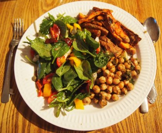 Garam Masala Chick Peas - served with a salad and thick wedge generation sweet potato fries